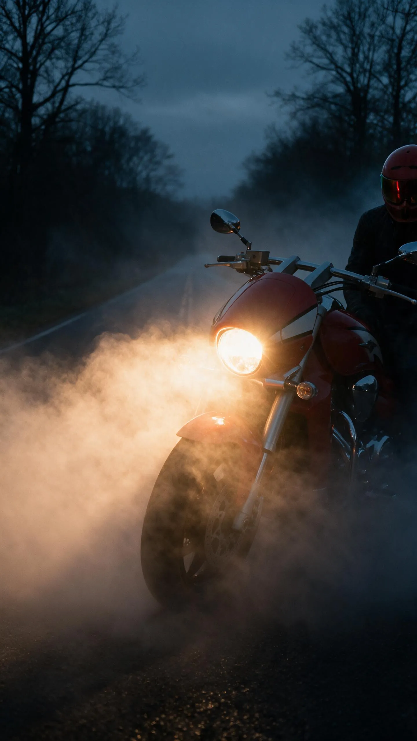 Red cruiser motorcycle with its headlight on in the fog at night, rider in a red helmet